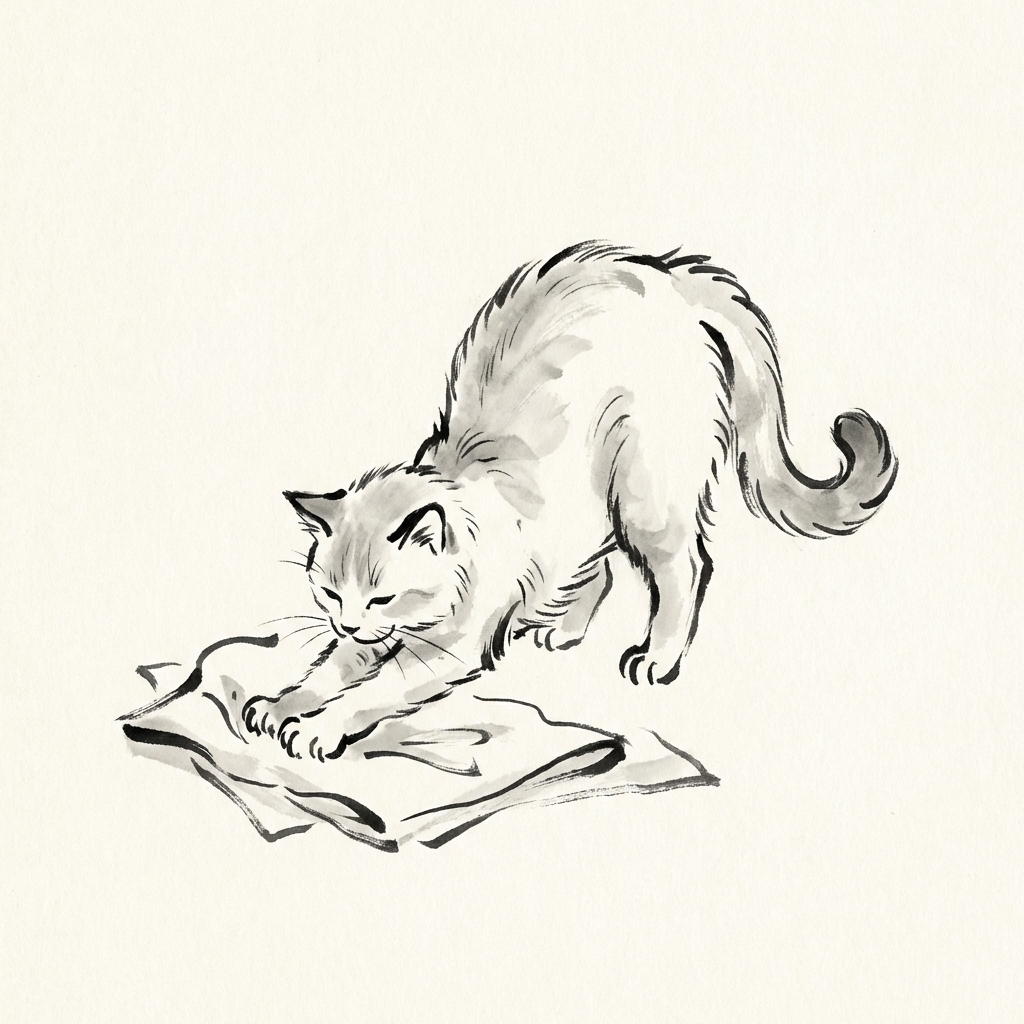 A cat stretching on a blanket